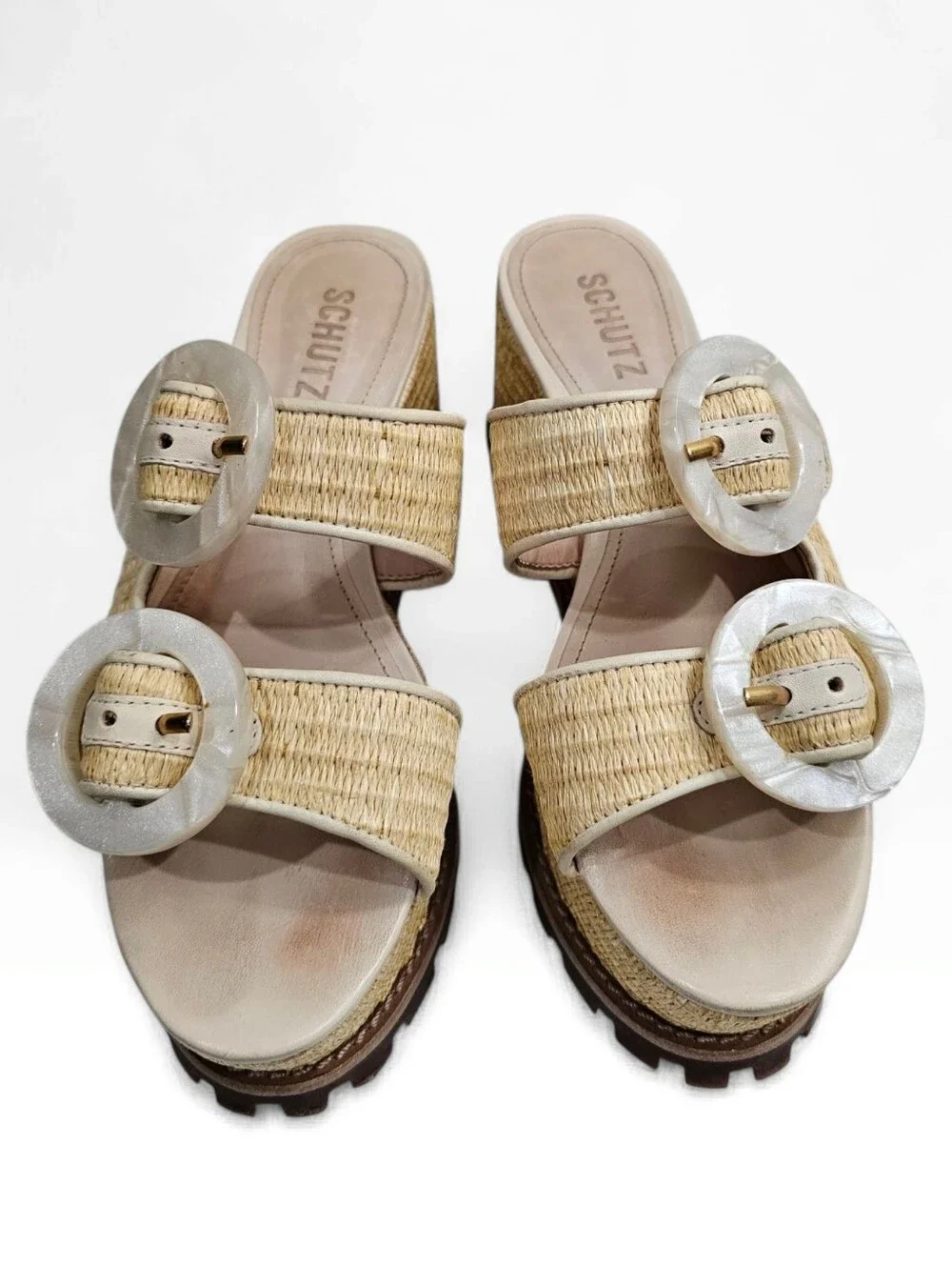 SCHUTZ Bela Platform Raffia Wedge Slide Sandals In Natural & Egg Shell 6B